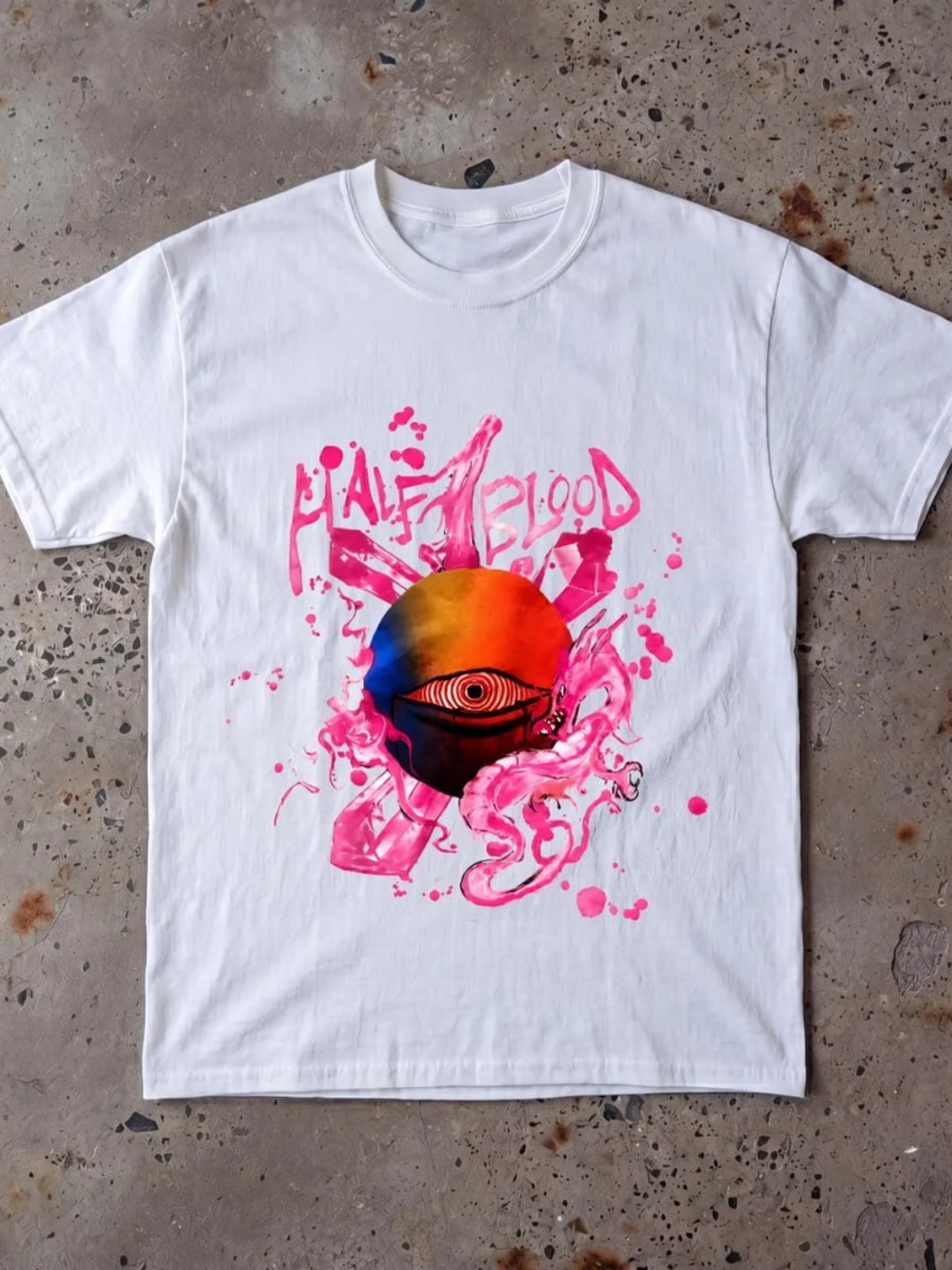 White Tee with Pink Splash & Multicolor Eye Graphic